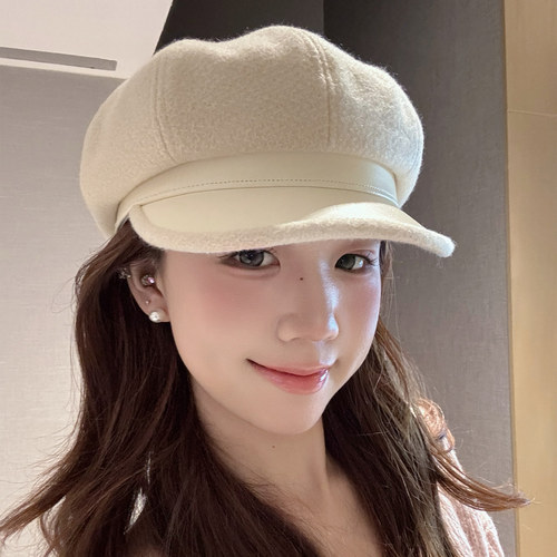 OVANCY高级感毛呢八角帽女2025新款英伦复古贝雷帽PU皮质报童帽子
