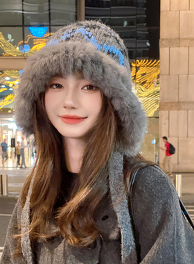 OVANCY兔毛毛绒雷锋帽女冬季显脸小可爱毛线帽护耳保暖皮草包头帽