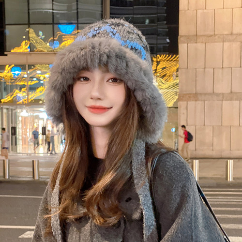 OVANCY兔毛毛绒雷锋帽女冬季显脸小可爱毛线帽护耳保暖皮草包头帽