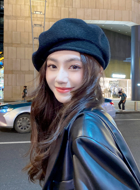 OVANCY显脸小羊毛贝雷帽女秋冬百搭针织画家帽大头围复古蓓蕾帽子