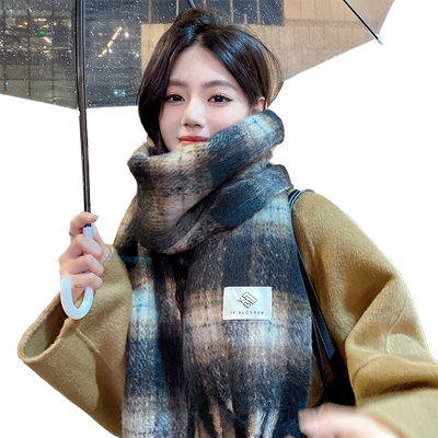 高级感围巾马海毛格子披肩围脖