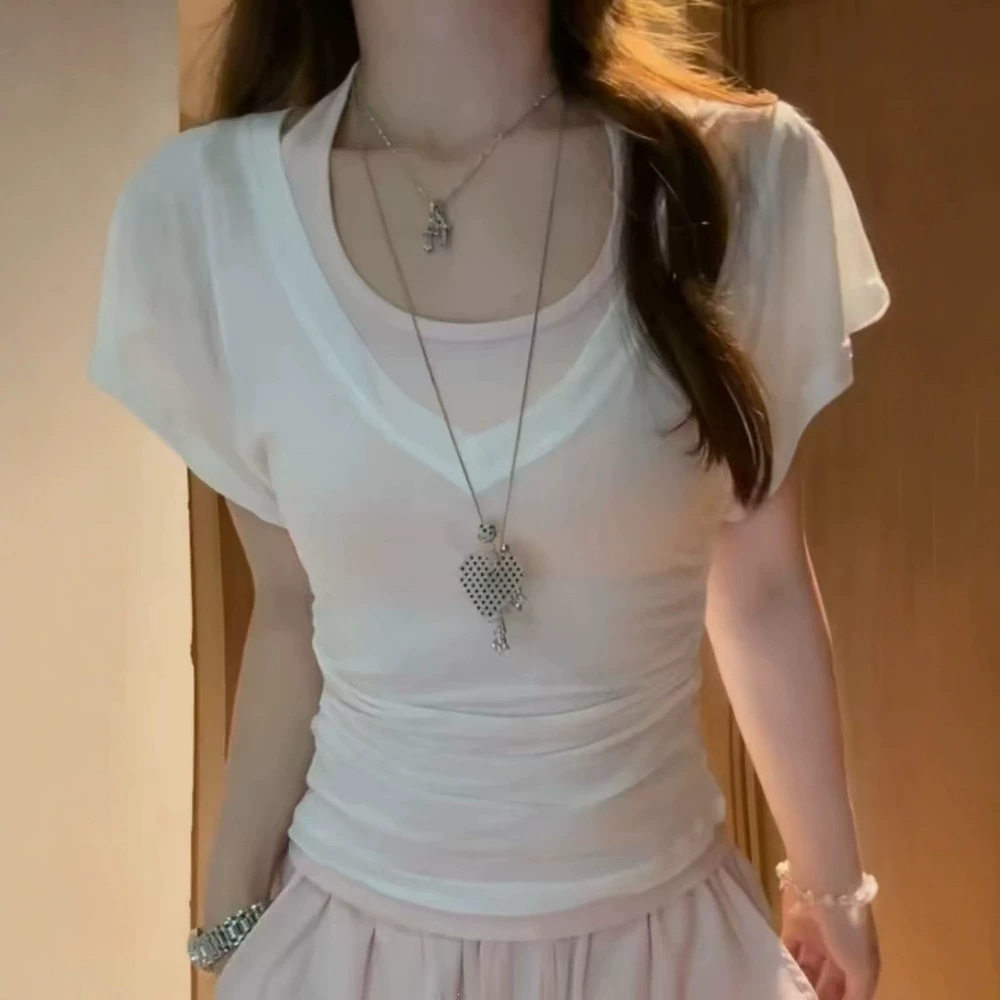 真假两件挂脖吊带背心正肩短袖t恤女夏季修身独特绝美掐腰小上衣