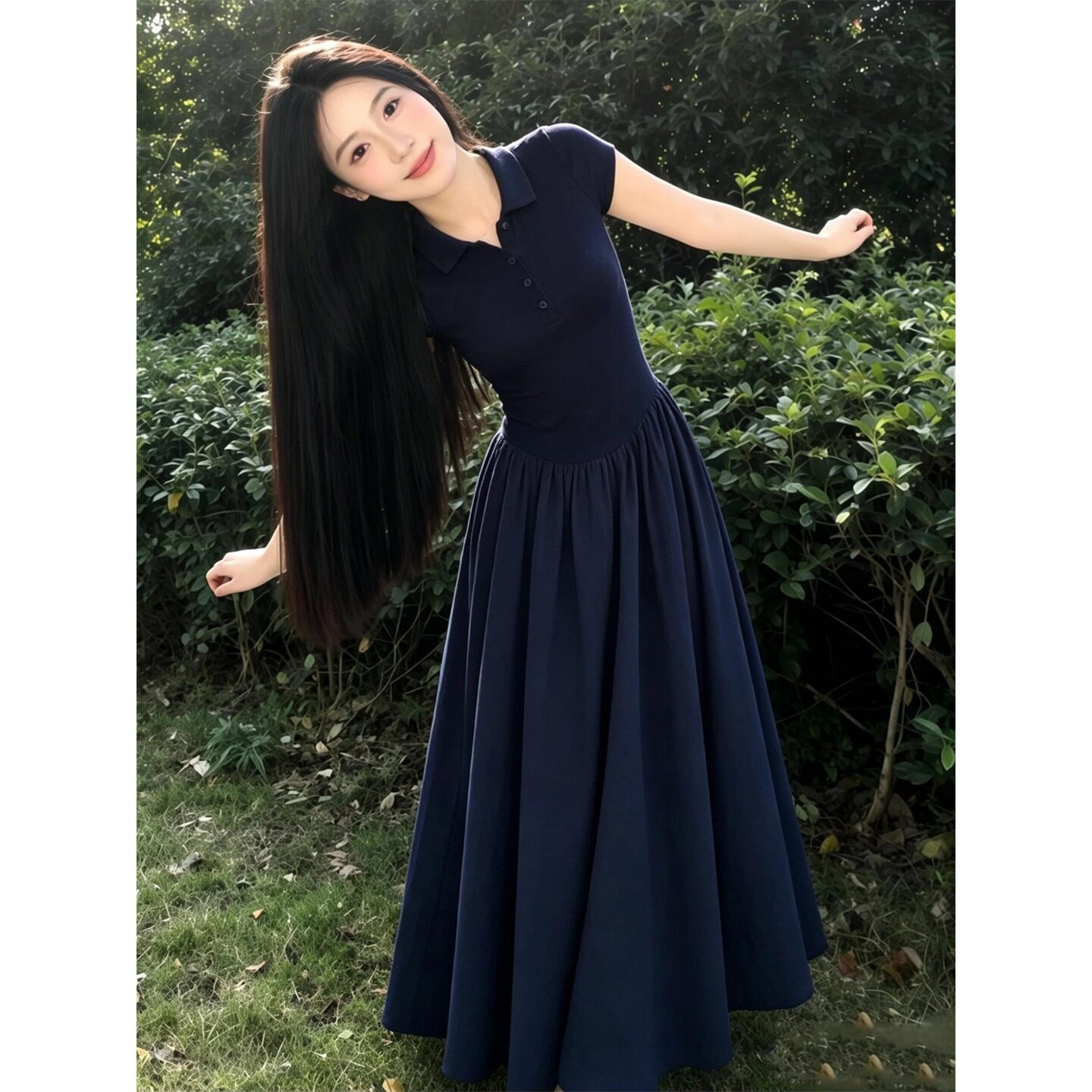 法式感穿搭领短袖连衣裙子女夏季新款巨好看掐腰长裙