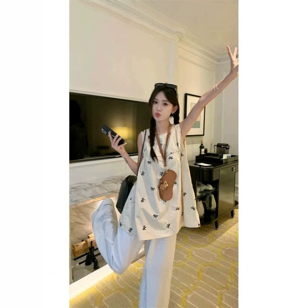 蝴蝶结无袖背心女新款夏韩系宽松显瘦中长款外穿坎肩上衣学生潮流
