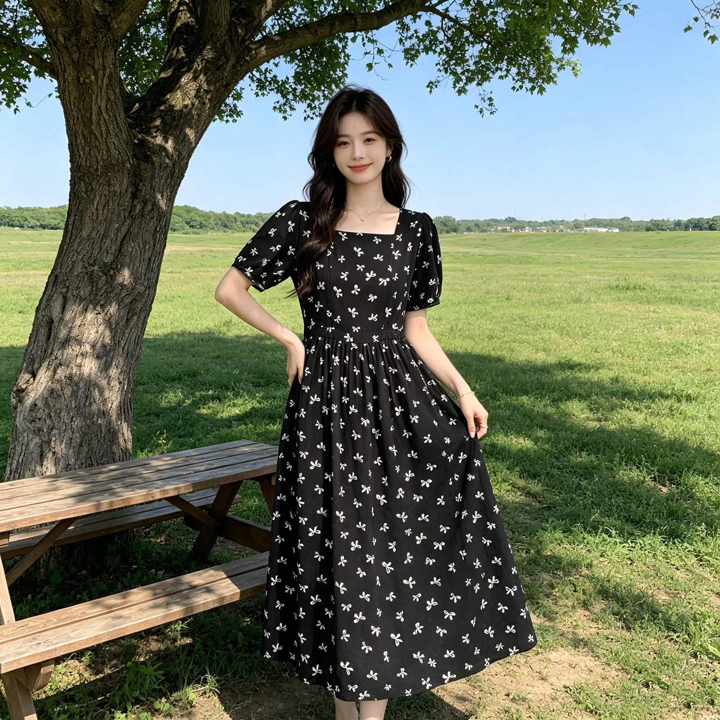 棉绸连衣裙夏季法式温柔风碎花裙女泡泡袖收腰凉感波点年轻人外穿