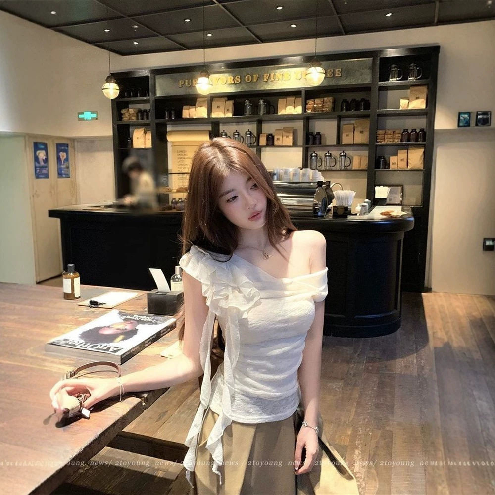 法式荡领飘带花朵短袖t恤女夏季设计感收腰褶皱背心斜肩短款上衣