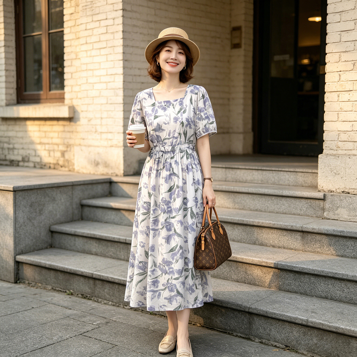 棉绸连衣裙夏季法式温柔风碎花裙女泡泡袖收腰显瘦中长款凉感白裙
