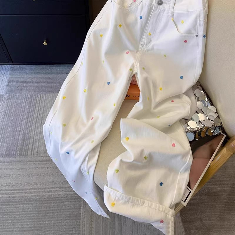 小碎花刺绣白色牛仔裤女2025新款设计感卷边直筒裤阔腿小众拖地裤