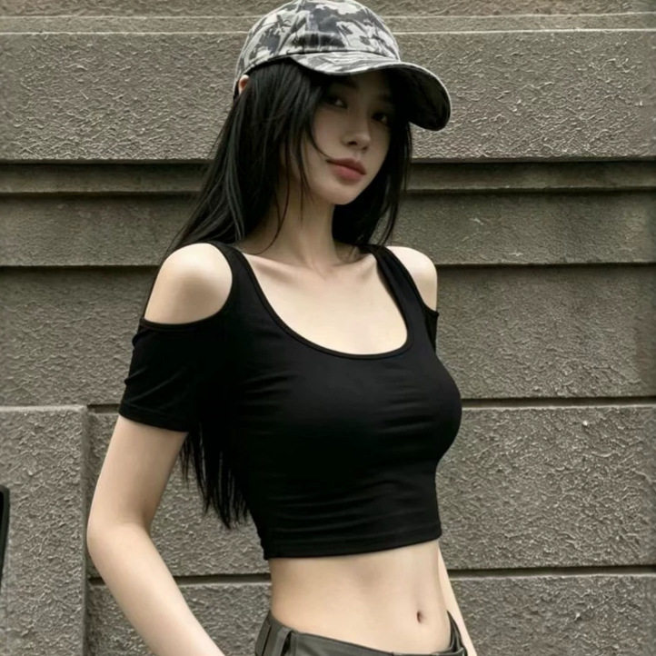 性感辣妹ins露肩U领短款露脐短袖t恤女夏纯欲时尚修身打底上衣女T
