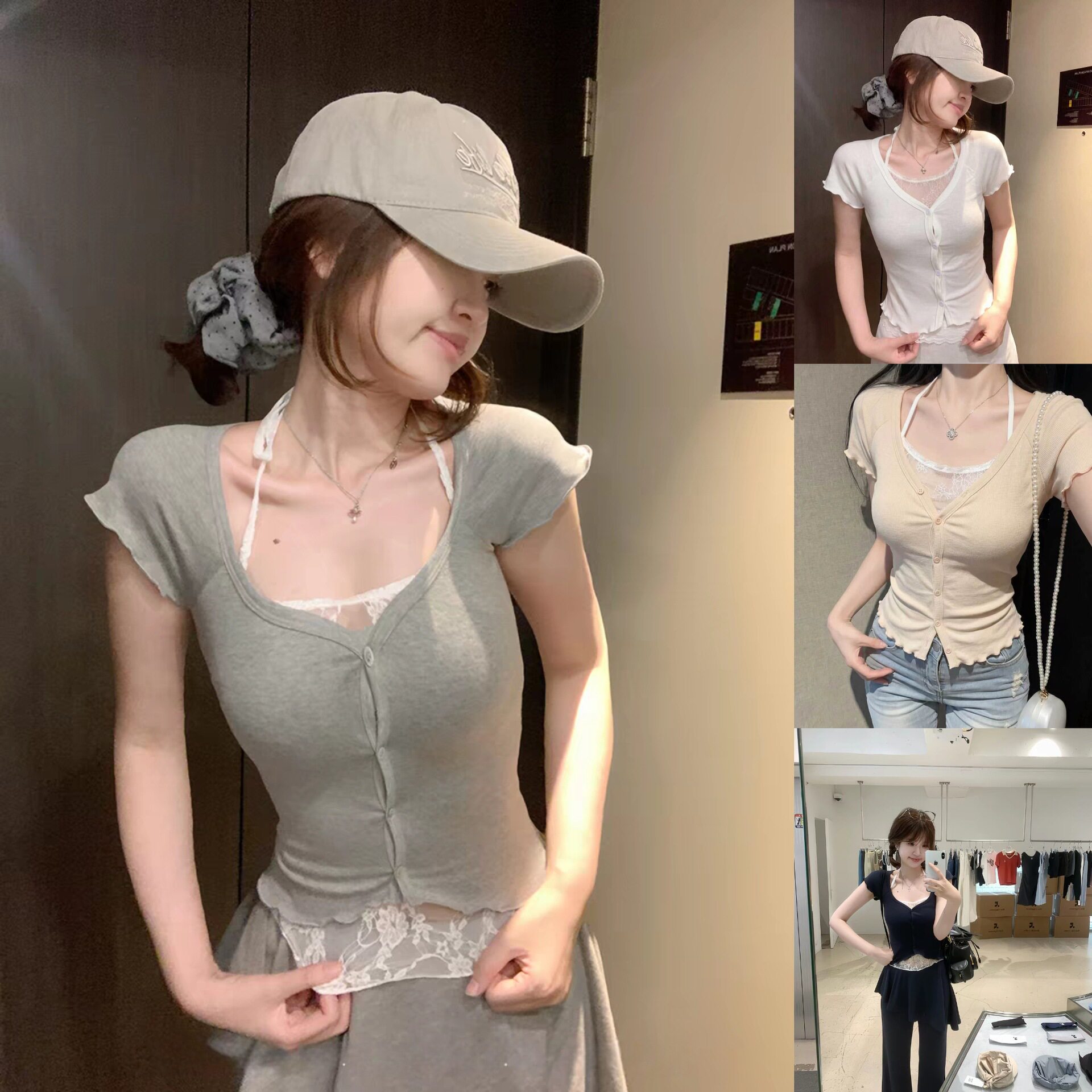 【松弛曲线】纯欲风蕾丝拼接假两件荷叶边显瘦短袖T恤女夏上衣