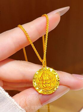 新中式沙金碎冰冰黄财神暴富圆形吊坠女款设计感项链复古小众饰品