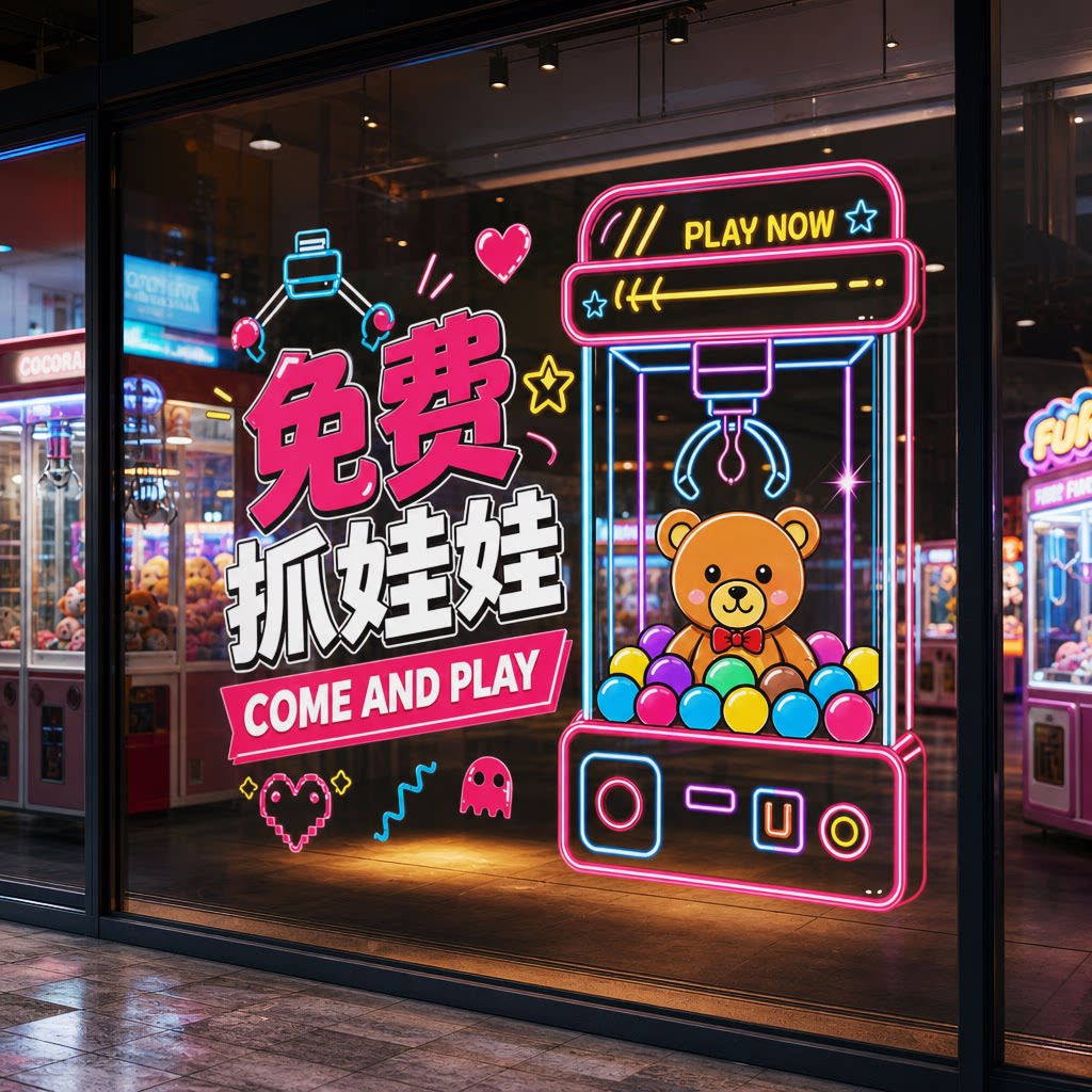 电玩城玻璃贴纸游乐场游戏厅抓娃娃机橱窗装饰贴画店铺海报静电贴