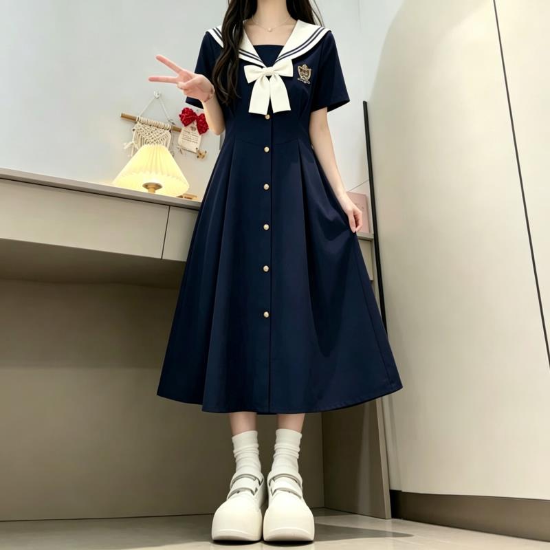 少女初中生学院风海军领洋装2026夏装新款高中学生收腰显瘦裙子