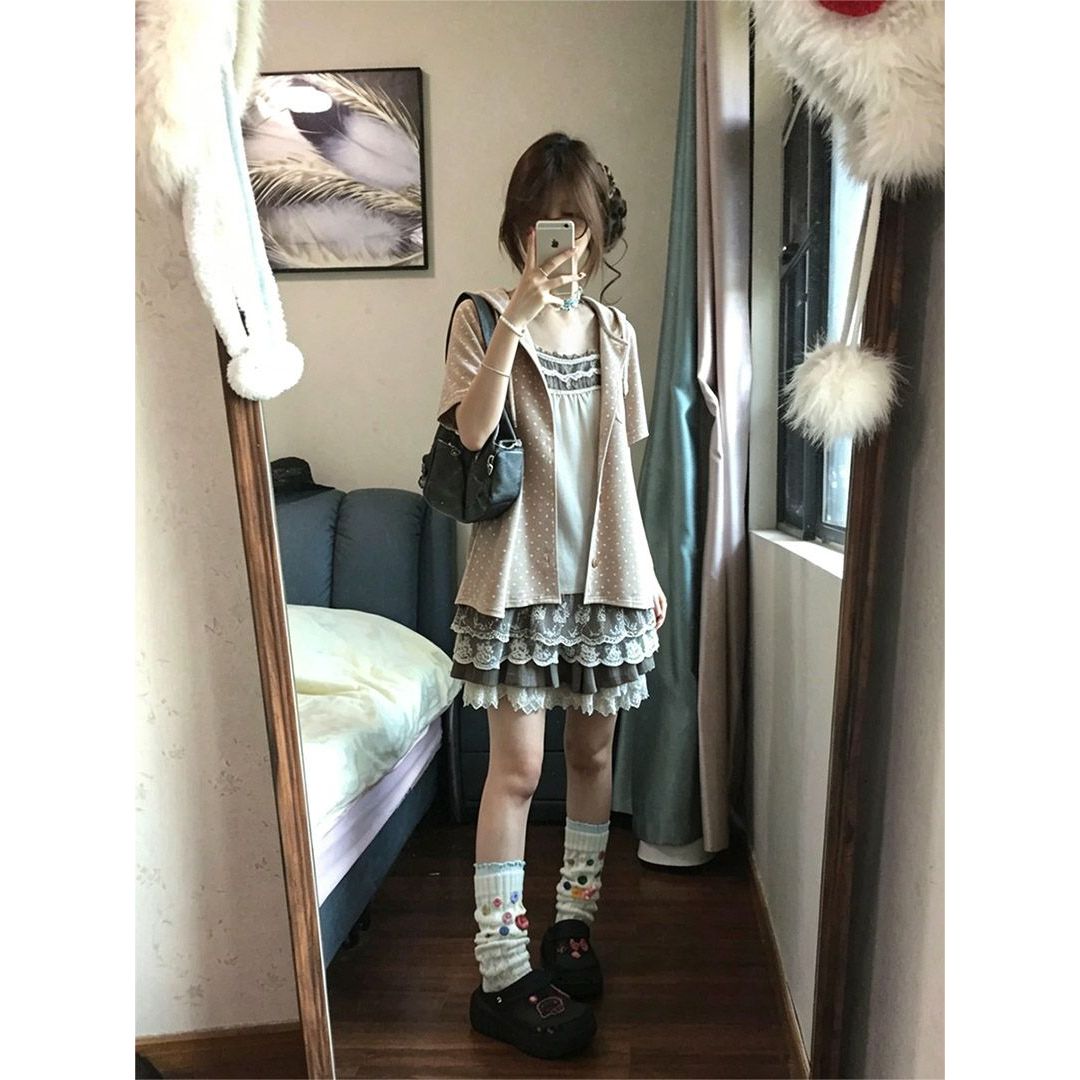 日系古早vintage奈奈风女夏季吊带连衣裙+连帽短袖开衫套装两件套