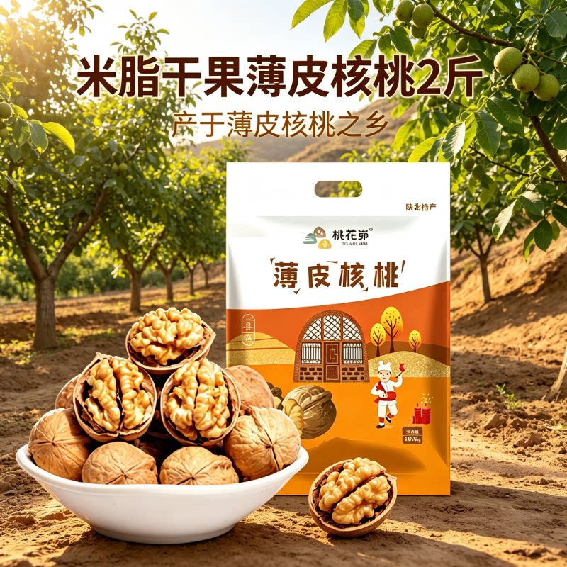 陕西米脂｜薄皮核桃2斤 农家原生干果野生纸皮核桃营养天然无漂白