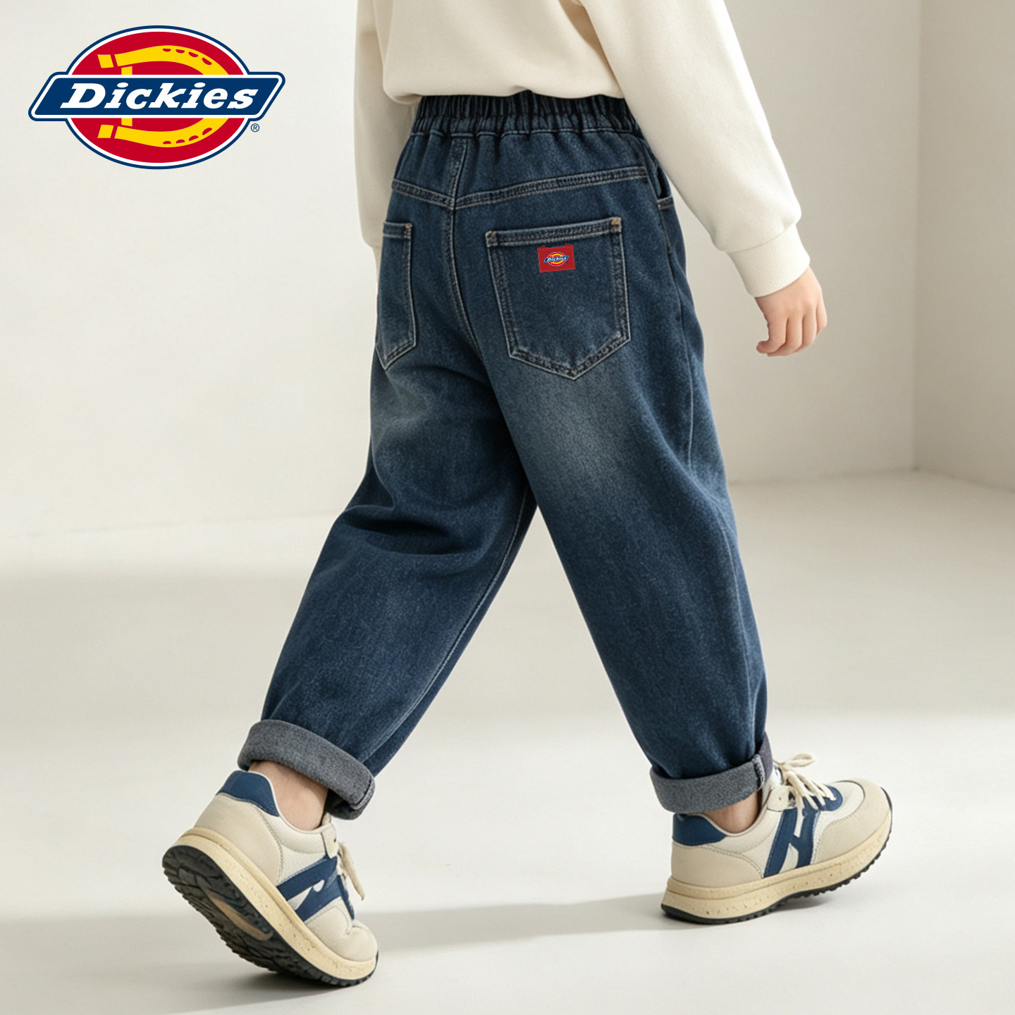 Dickies 儿童复古水洗加绒牛仔裤冬季新款青少年加厚松紧腰休闲裤