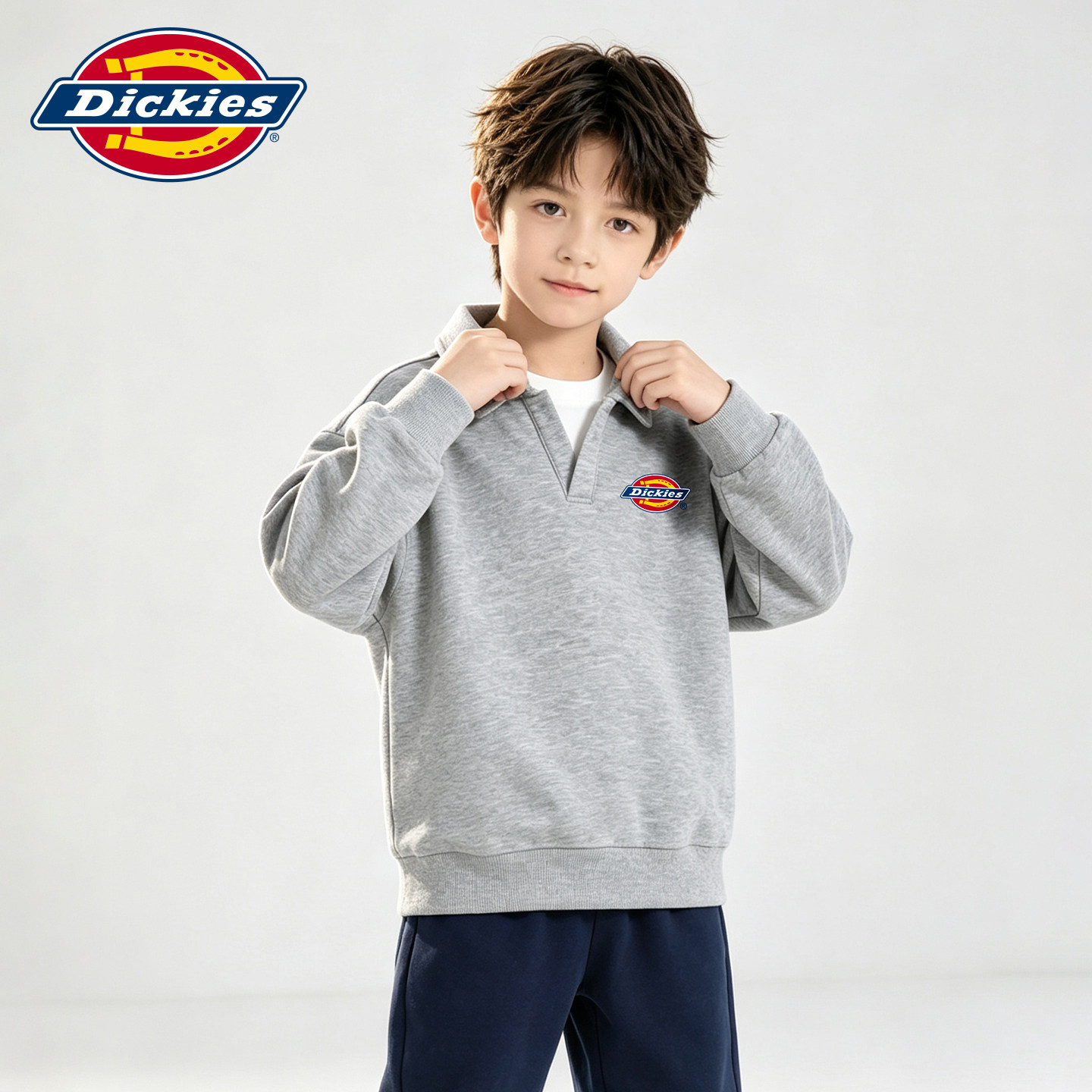 Dickies男童假两件卫衣2026秋冬款儿童polo上衣灰色休闲运动上衣