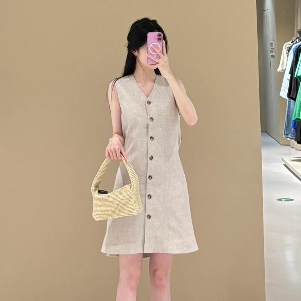 C家亚麻色小伞裙排扣收腰系带短裙V领无袖26夏季新品1283658