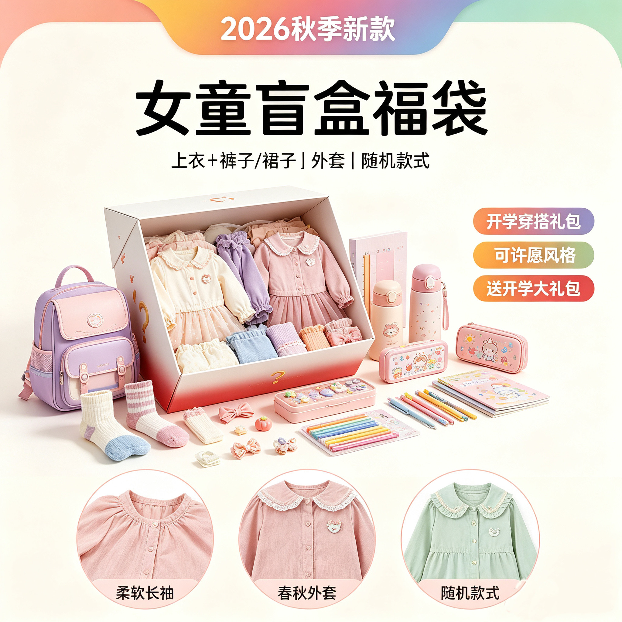 秋季女童服装2026 开学书包盲盒福袋 儿童裤子套装随机搭配可许愿