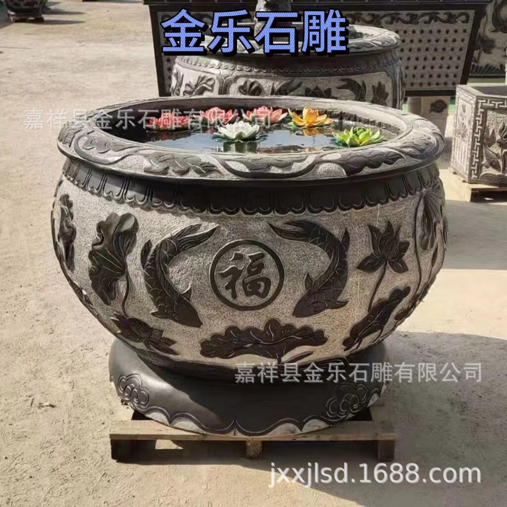 青石仿古石雕鱼缸花盆养鱼圆缸户外庭院摆件大理石荷花缸厂家直销图片