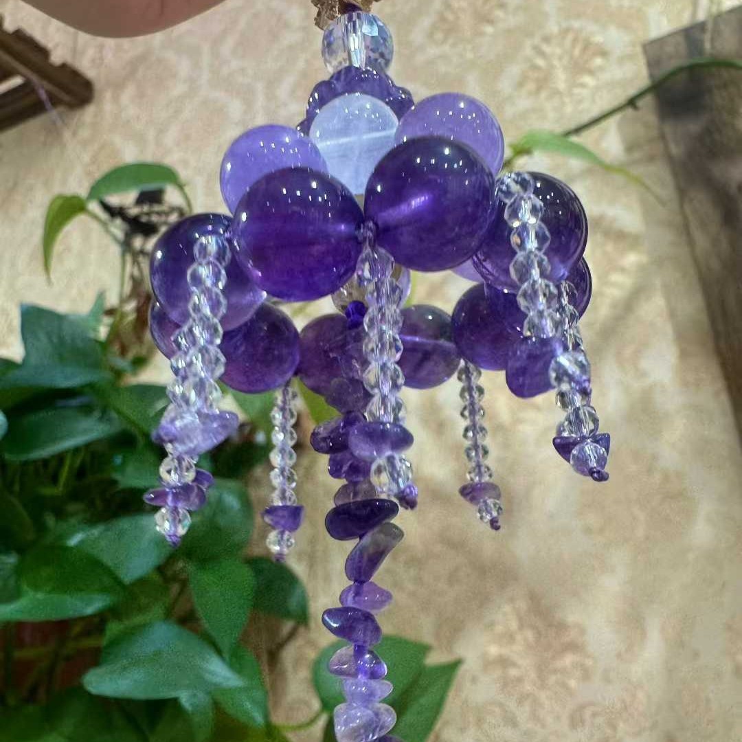 天然紫水晶水母车挂搭配天然紫水晶莲花白兔毛水晶精品挂件挂饰图片