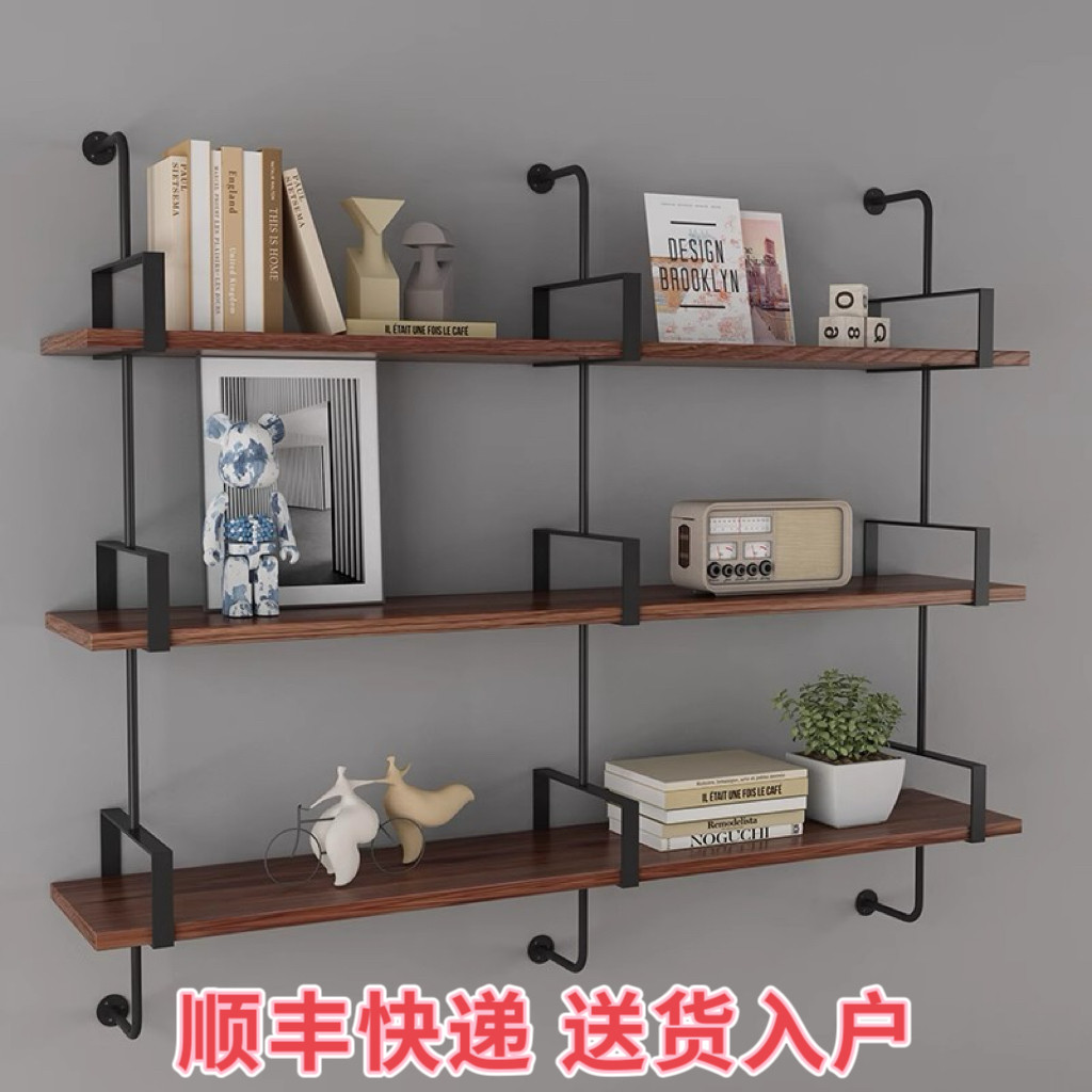 美式复古墙上置物架承重力强铁艺一字隔板工业风理发简约壁挂书架图片