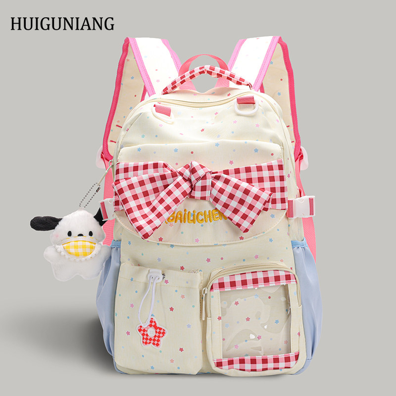 huiguniang日系格纹蝴蝶结双肩痛包新款小学生书包高颜值校园背包