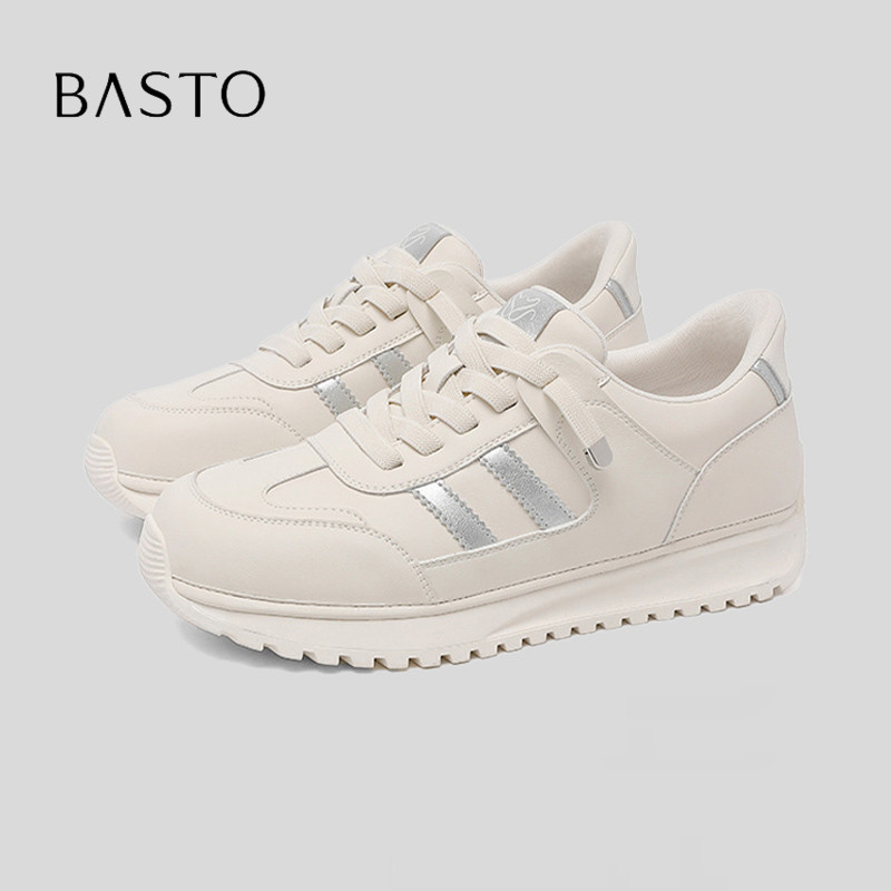BASTO/百思图2026厚底复古老爹鞋女米银运动休闲鞋舒适百搭小白鞋