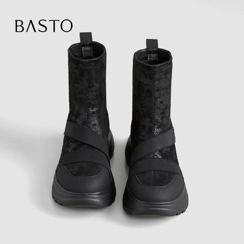 BASTO/百思图2026复古风厚底瘦瘦靴女黑色弹力短靴百搭显瘦增高