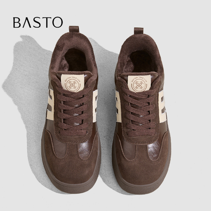 BASTO/百思图秋冬圆头德训鞋女厚底休闲板鞋加绒保暖百搭运动鞋N