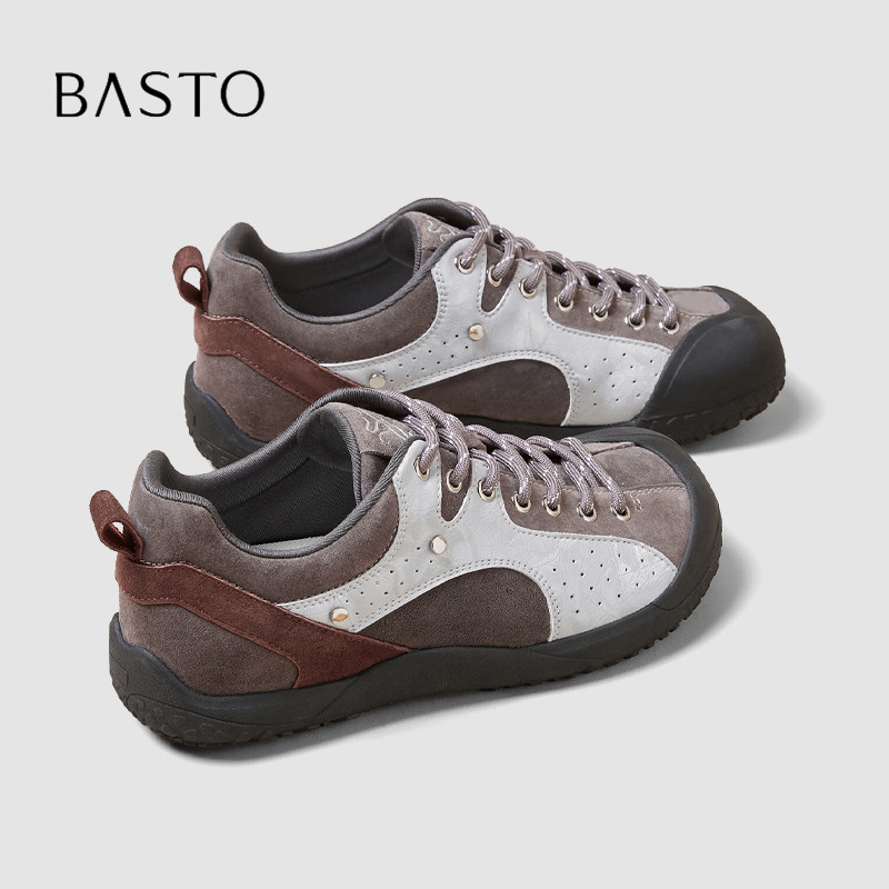BASTO/百思图复古拼色户外休闲鞋女2026厚底防滑耐磨徒步登山鞋秋