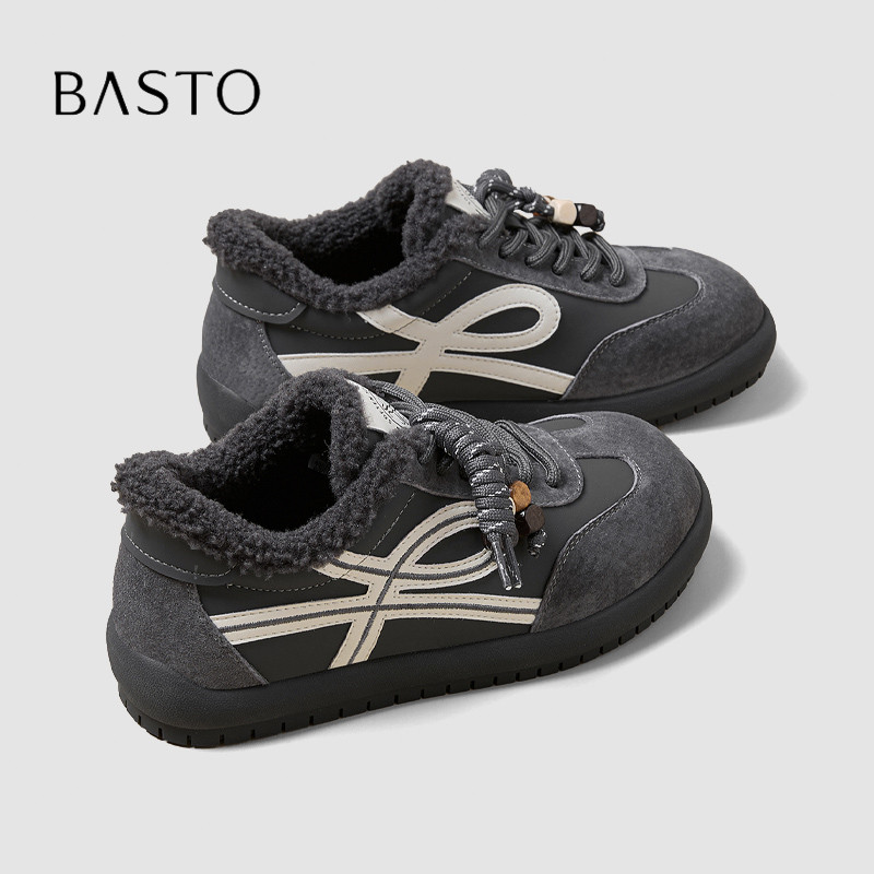 BASTO/百思图拼色德训鞋女冬季加绒毛毛鞋串珠系带保暖休闲运动鞋