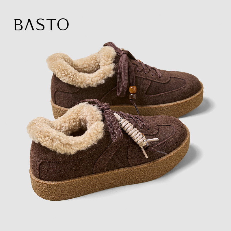 BASTO/百思图美拉德复古毛毛德训鞋女加绒保暖厚底百搭休闲棉鞋冬