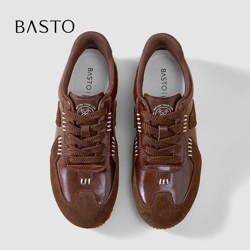 BASTO/百思图2026秋季百搭轻便复古拼色德训鞋女平底阿甘休闲鞋