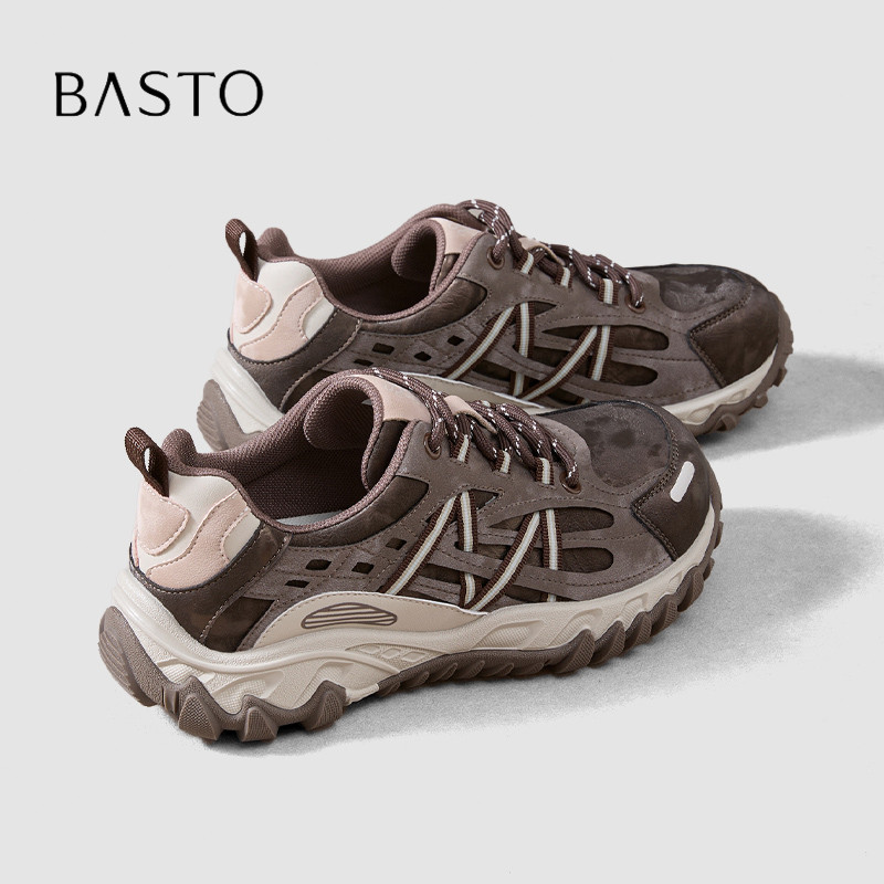 BASTO/百思图复古拼色户外徒步鞋女2026厚底防撞休闲运动登山鞋秋