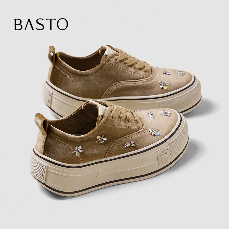 BASTO/百思图水钻装饰厚底板鞋女松糕底美拉德小个子增高休闲鞋秋