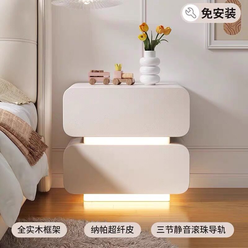 简约现代全实木床边收纳柜奶油风皮质储物柜双抽免安装床头柜图片