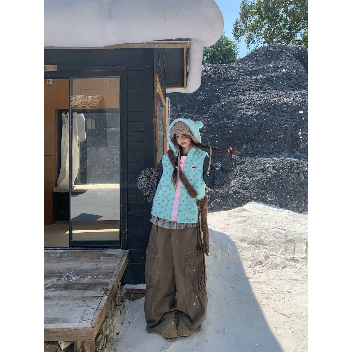 30号大拉链可爱耳朵波点羊羔毛马甲女秋冬季连帽加厚保暖棉服外套