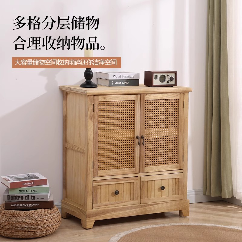 美式复古实木餐边柜现代简约藤编储物柜客厅玄关收纳柜子阳台橱柜