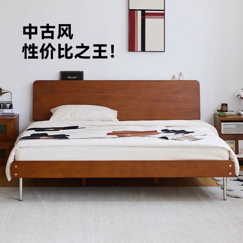 中古风实木床全实木1米5单人床1米8双人复古小户型黄杨木塌塌米床图片