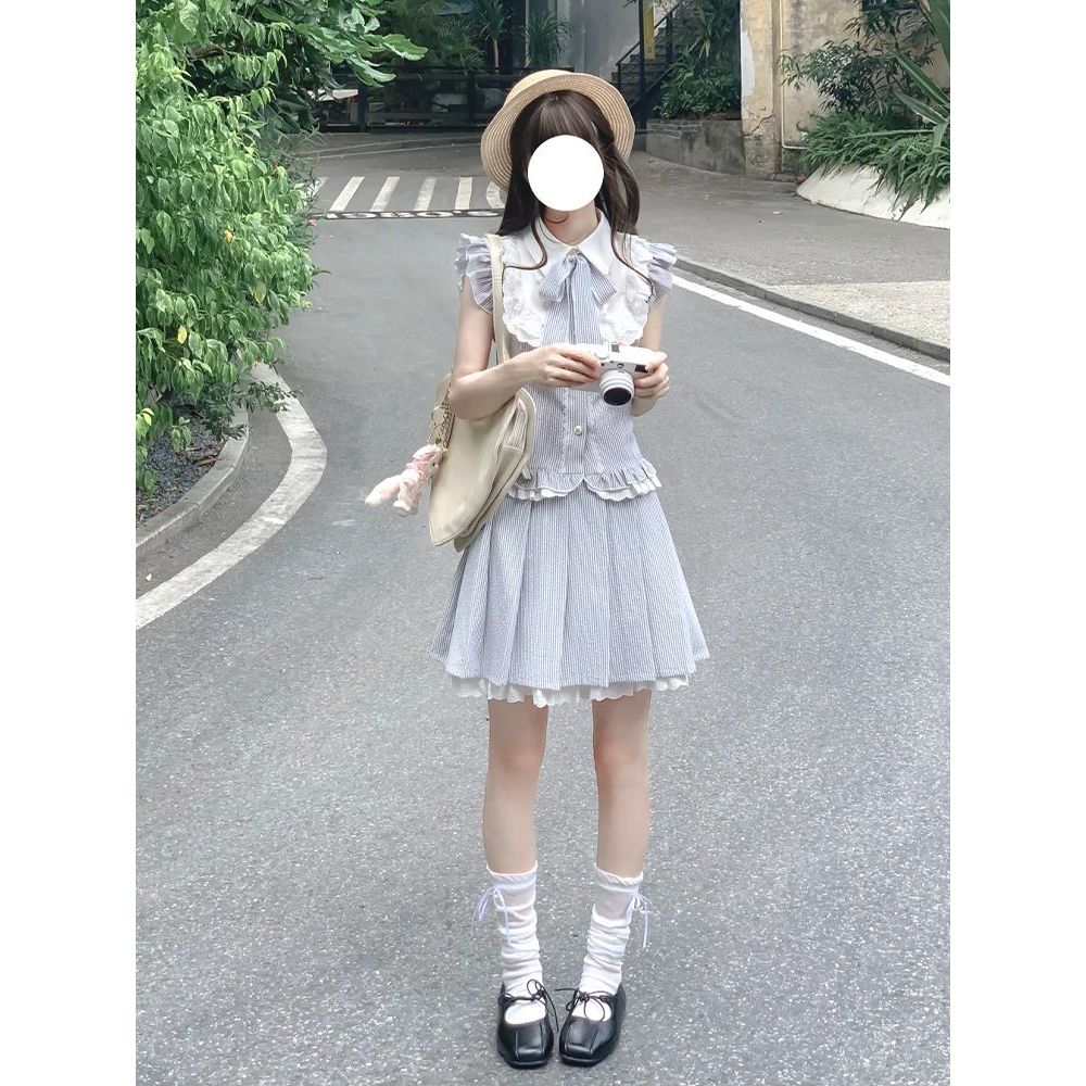水天一色 夏季日系学院风温柔穿搭设计感拼接上衣条纹短裙两件套