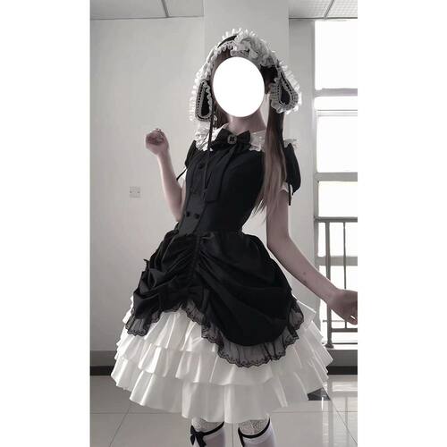 黑曜石 小众设计哥特暗黑doll感夏季古早Lolita黑白拼接连衣裙女