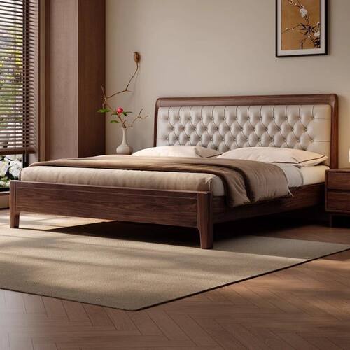 宋代美学黑胡桃木实木1米8双人床主卧悬浮钢琴键头层牛皮