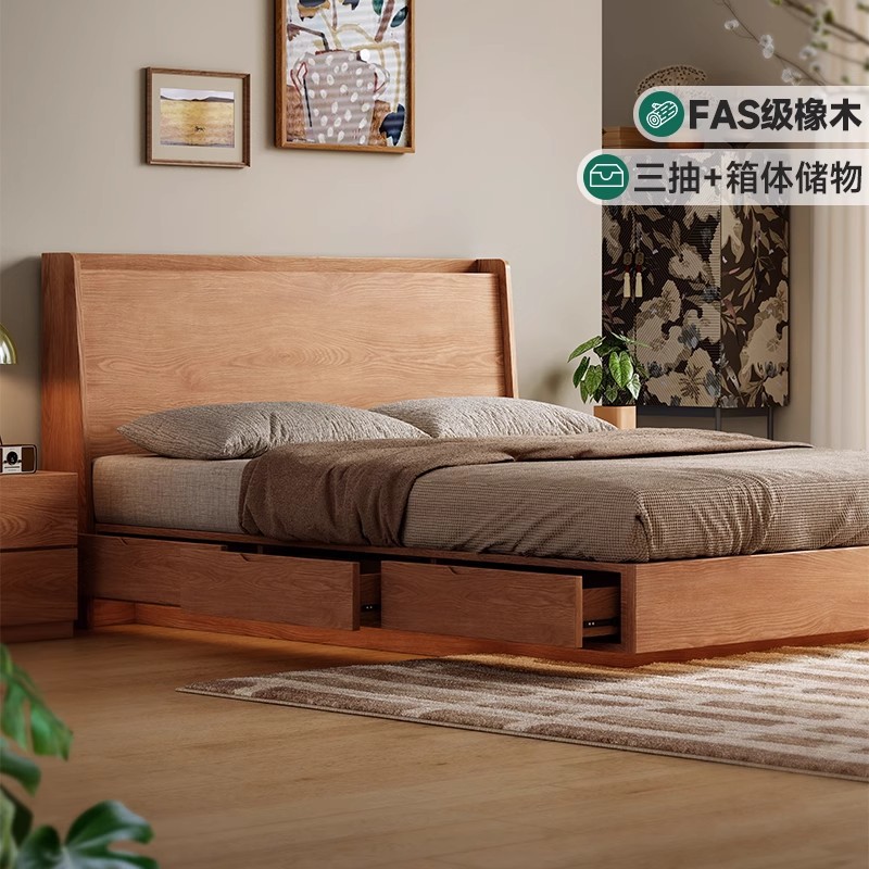 全实木箱体床气压储物床现代简约小户型卧室悬浮双人床橡木高箱床图片