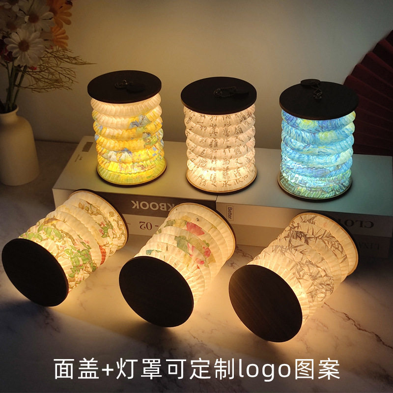 跨境创意纸雕礼品书灯LED手提灯笼春节元宵花灯折叠小夜灯台灯图片