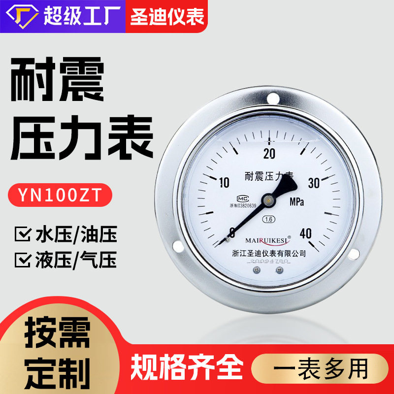 m20*1.5螺纹轴向带边水压耐震压力表供应yn100zt不锈钢耐震压力表图片