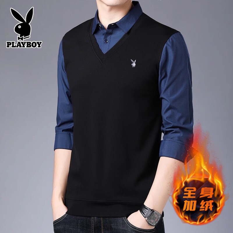 플레이보이 남성 벨벳 두꺼운 스웨터 가을 겨울 니트 스웨터 가짜 투피스 세트 트렌디 캐주얼 셔츠 칼라 탑