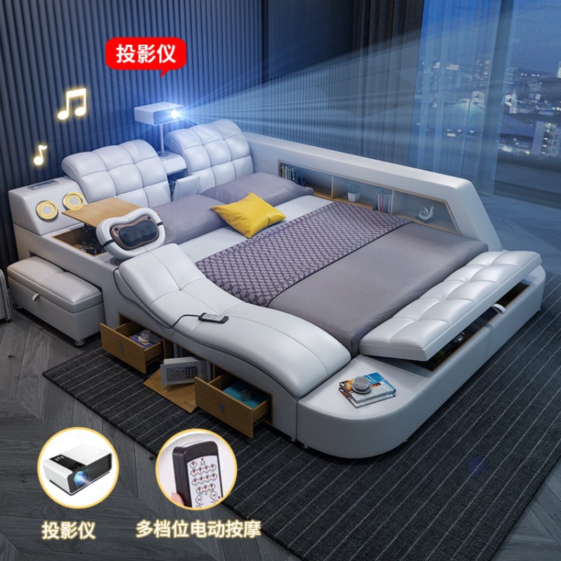 智能按摩储物现代简约榻榻米主卧皮艺床多功能婚床投影仪双人大床