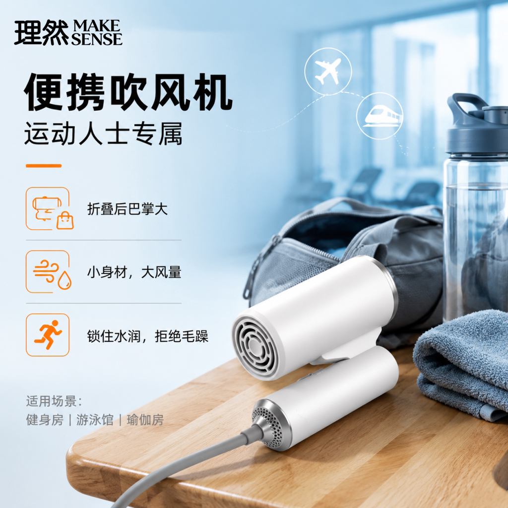 理然吹风机健身游泳专用便携迷你电吹风负离子护发静音速干大风力