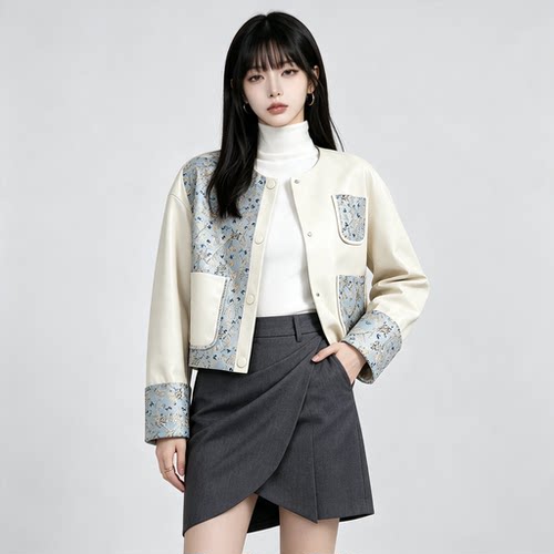 凯撒复古短款真皮单排扣女皮衣